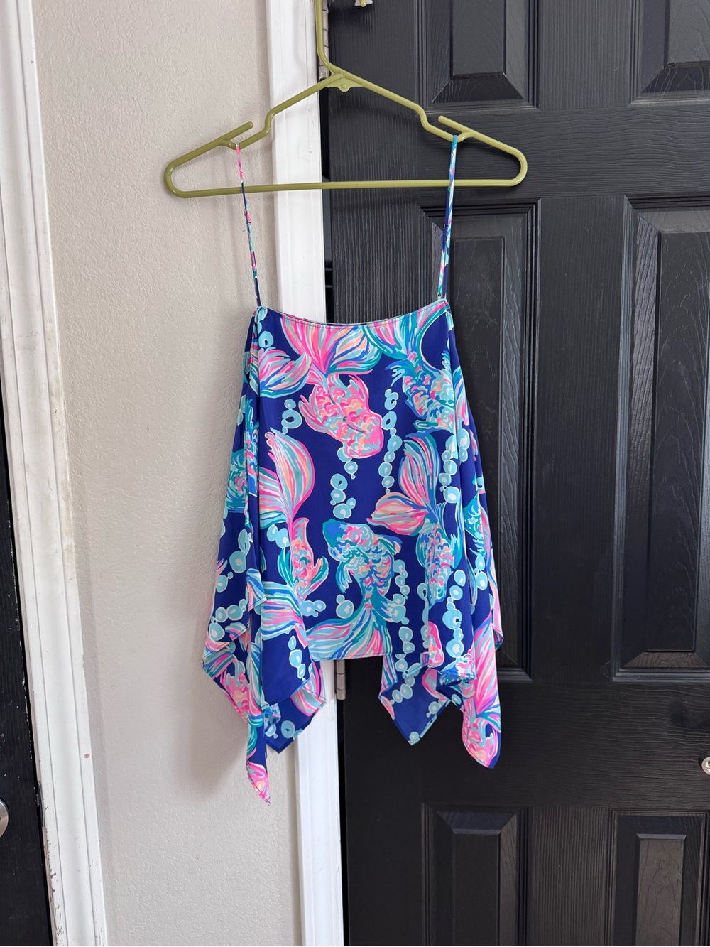Lilly Pulitzer Navy Floral Handkerchief-Hem Tank Top - Pink Aqua Print